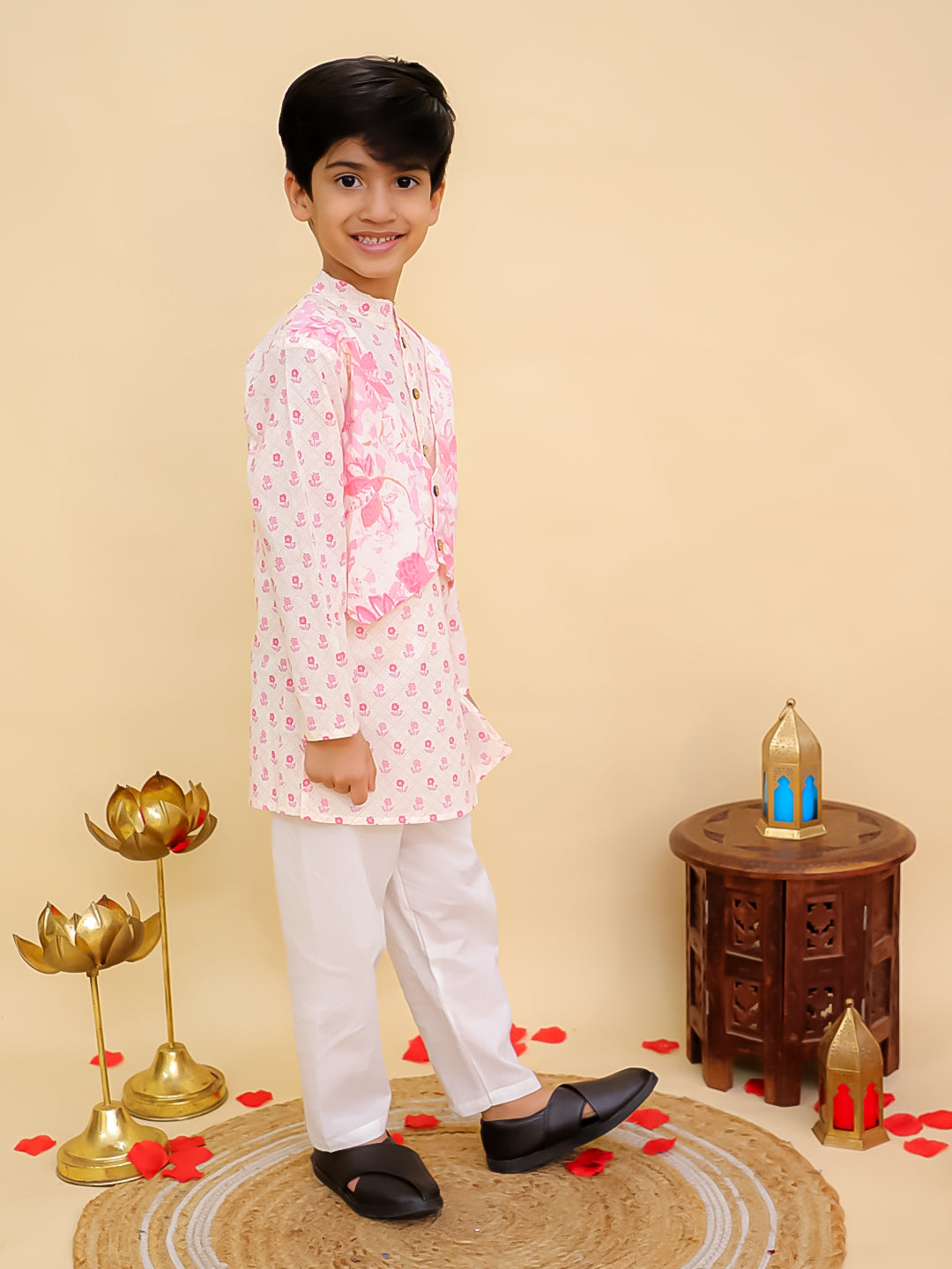 AJ Dezines Pink Cotton Full sleeves Floral Print Kurta Pyjama Set