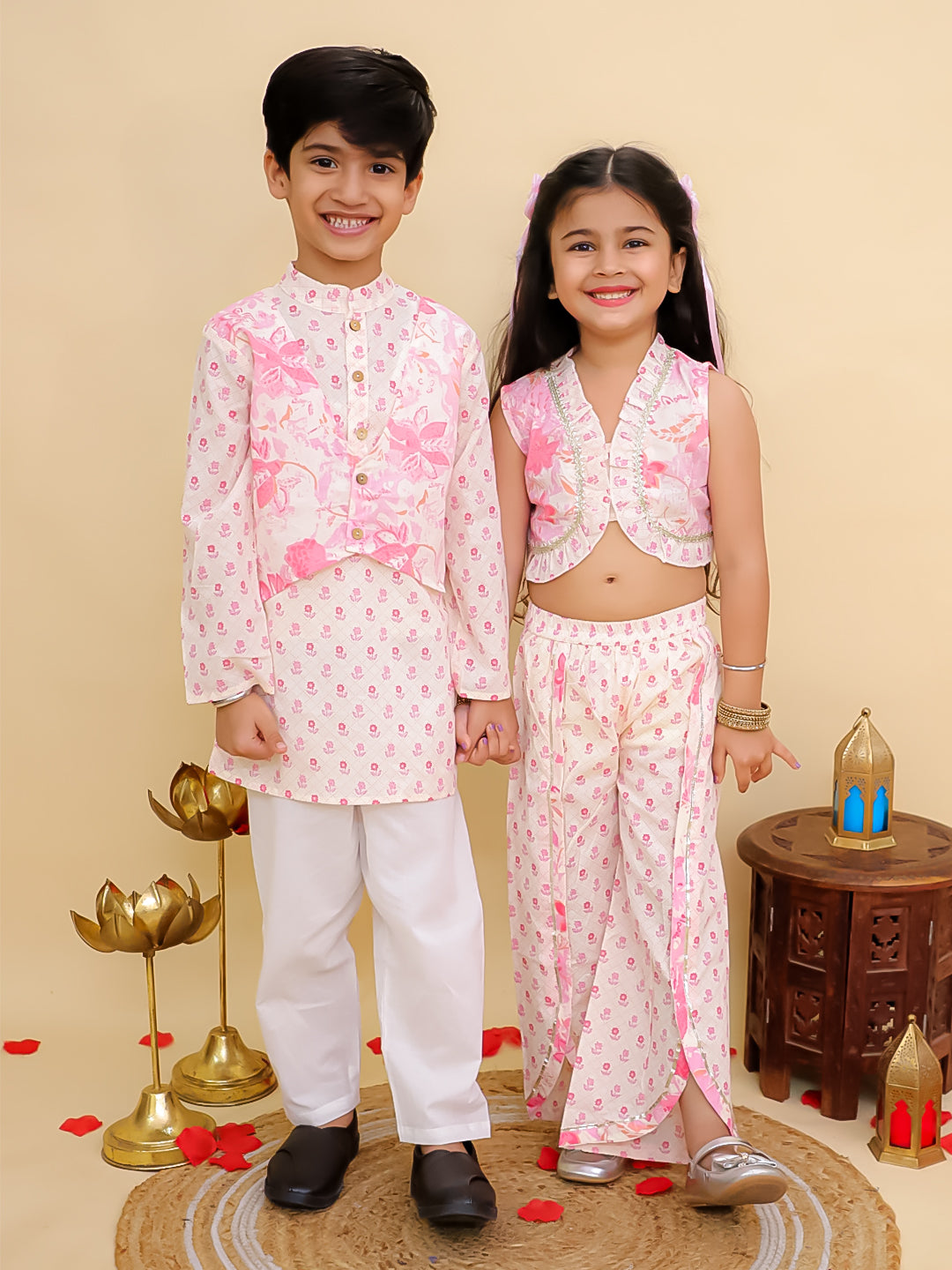 Boys Pink Cotton Full sleeves Floral Print Kurta Pyjama Set and Pink Cotton Sleeveless Floral Printed Girls Sibling Set