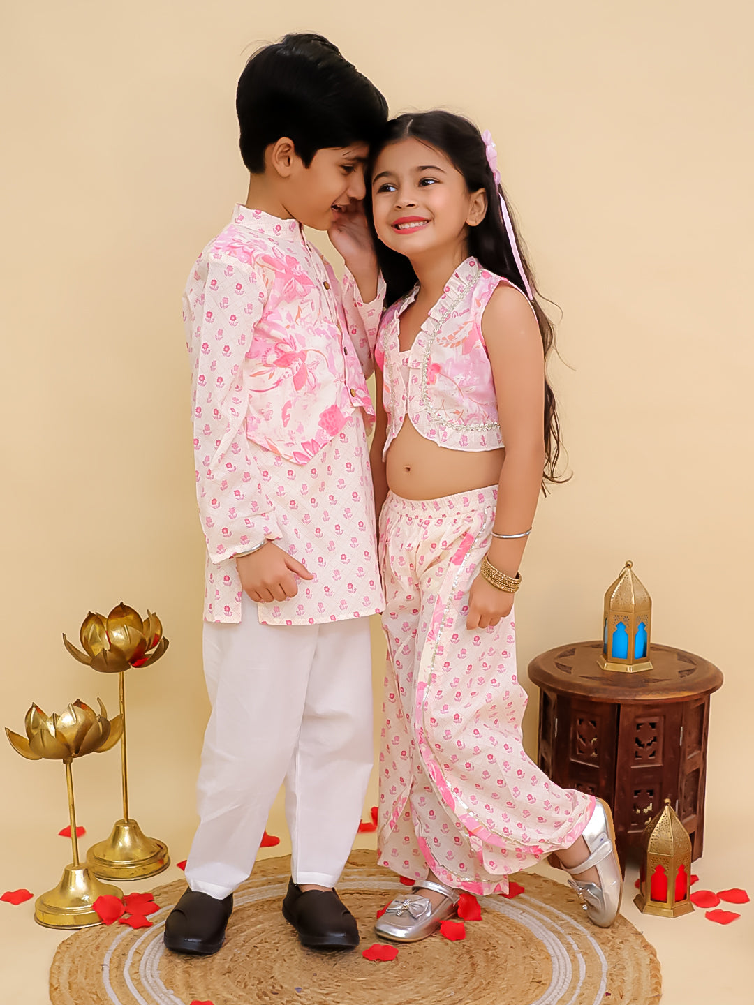 Boys Pink Cotton Full sleeves Floral Print Kurta Pyjama Set and Pink Cotton Sleeveless Floral Printed Girls Sibling Set