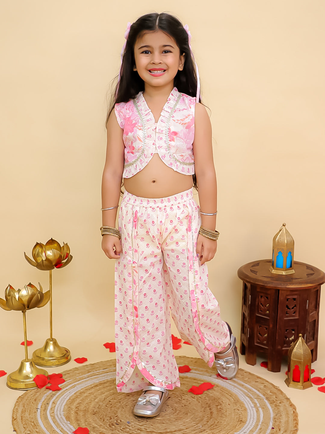 Boys Pink Cotton Full sleeves Floral Print Kurta Pyjama Set and Pink Cotton Sleeveless Floral Printed Girls Sibling Set