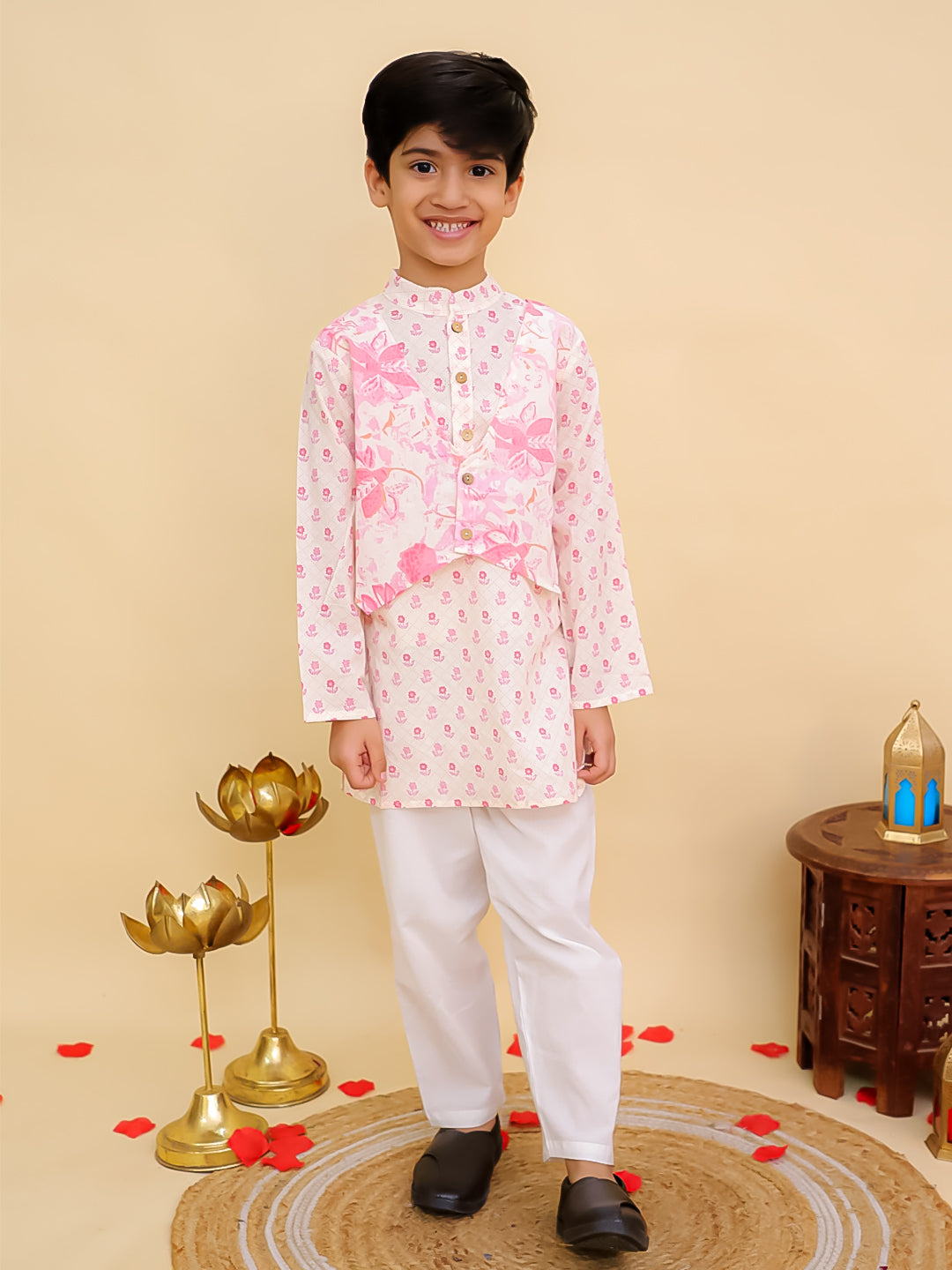 Boys Pink Cotton Full sleeves Floral Print Kurta Pyjama Set and Pink Cotton Sleeveless Floral Printed Girls Sibling Set