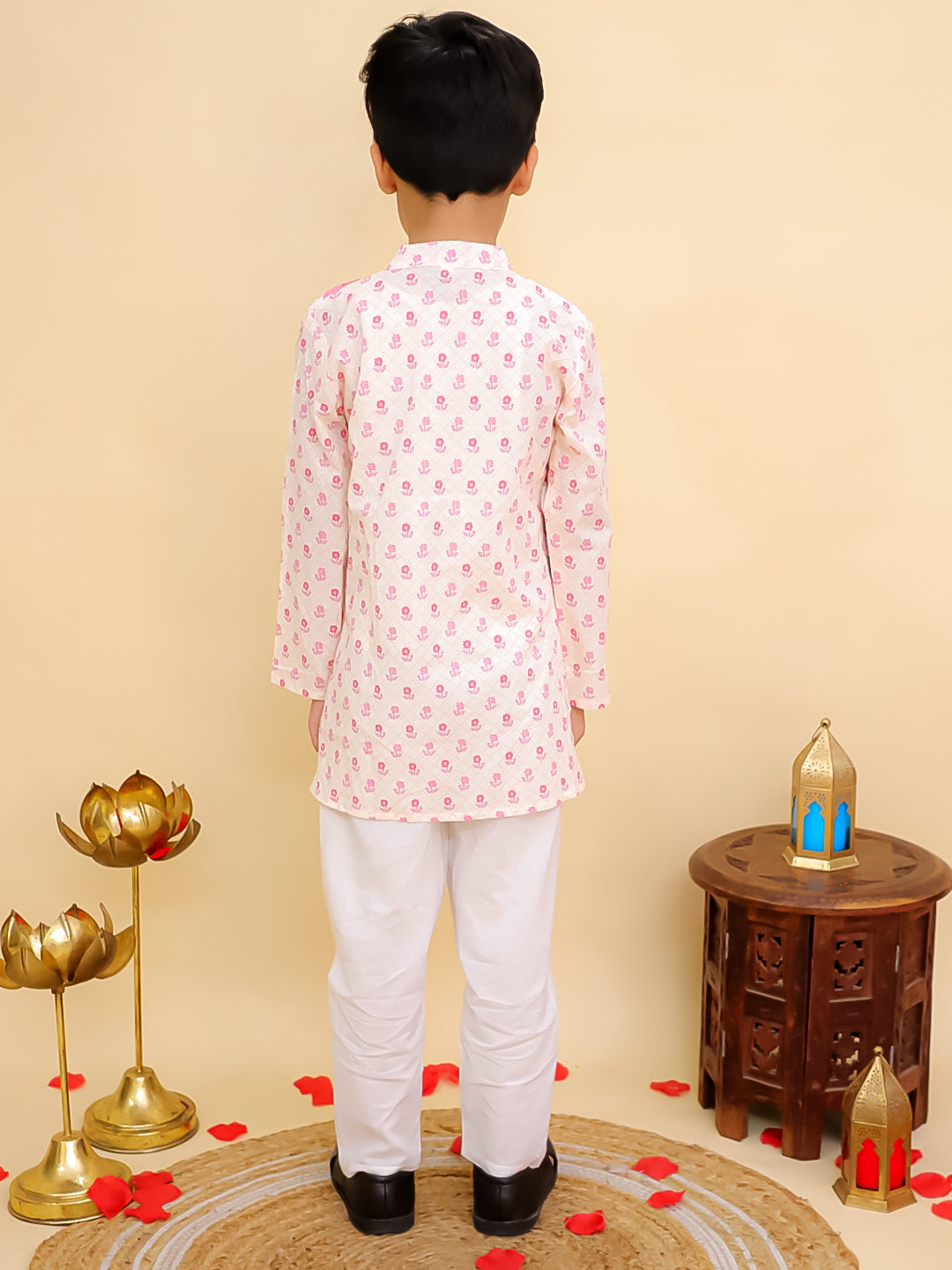 Boys Pink Cotton Full sleeves Floral Print Kurta Pyjama Set and Pink Cotton Sleeveless Floral Printed Girls Sibling Set