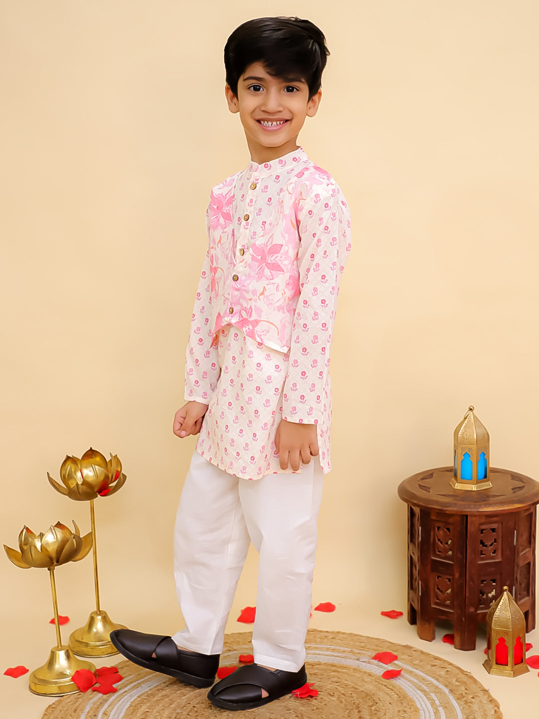 Boys Pink Cotton Full sleeves Floral Print Kurta Pyjama Set and Pink Cotton Sleeveless Floral Printed Girls Sibling Set