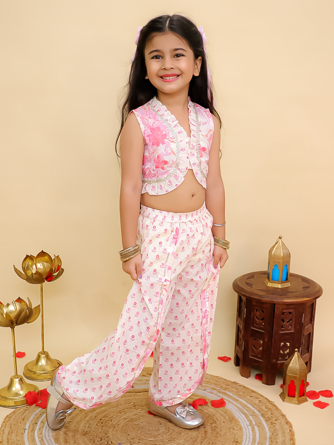 Boys Pink Cotton Full sleeves Floral Print Kurta Pyjama Set and Pink Cotton Sleeveless Floral Printed Girls Sibling Set