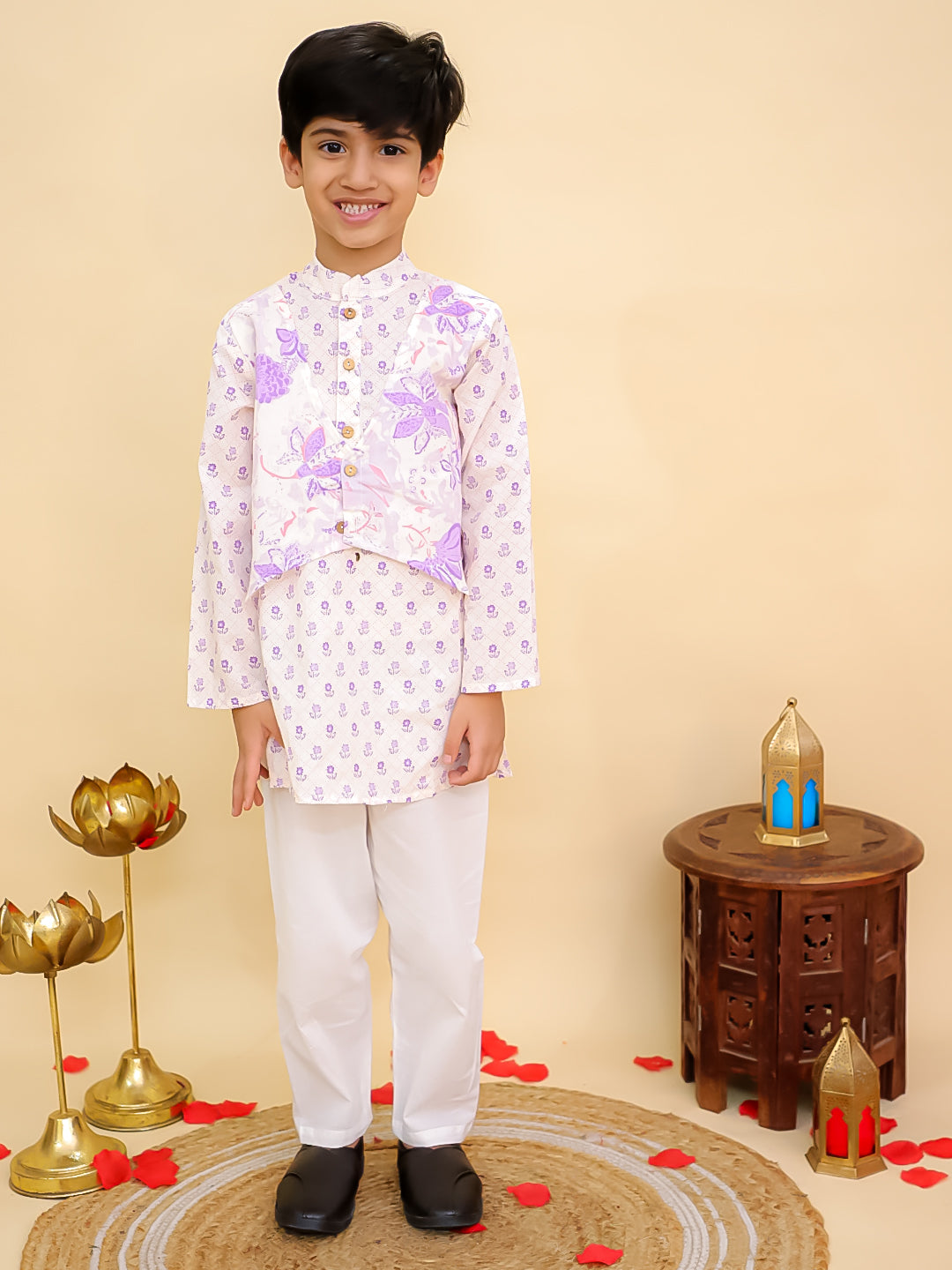 Purple Cotton Full sleeves Floral Print Kurta Pyjama Set - AJ Dezines