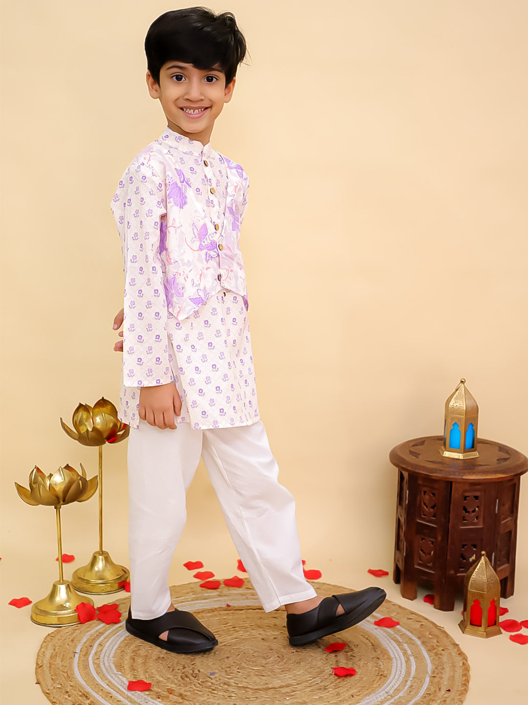AJ Dezines Purple Cotton Full sleeves Floral Print Kurta Pyjama Set