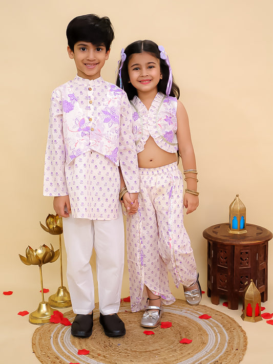 Boys Purple Cotton Full sleeves Floral Print Kurta Pyjama Set and Purple Cotton Sleeveless Floral Printed Girls Sibling Set