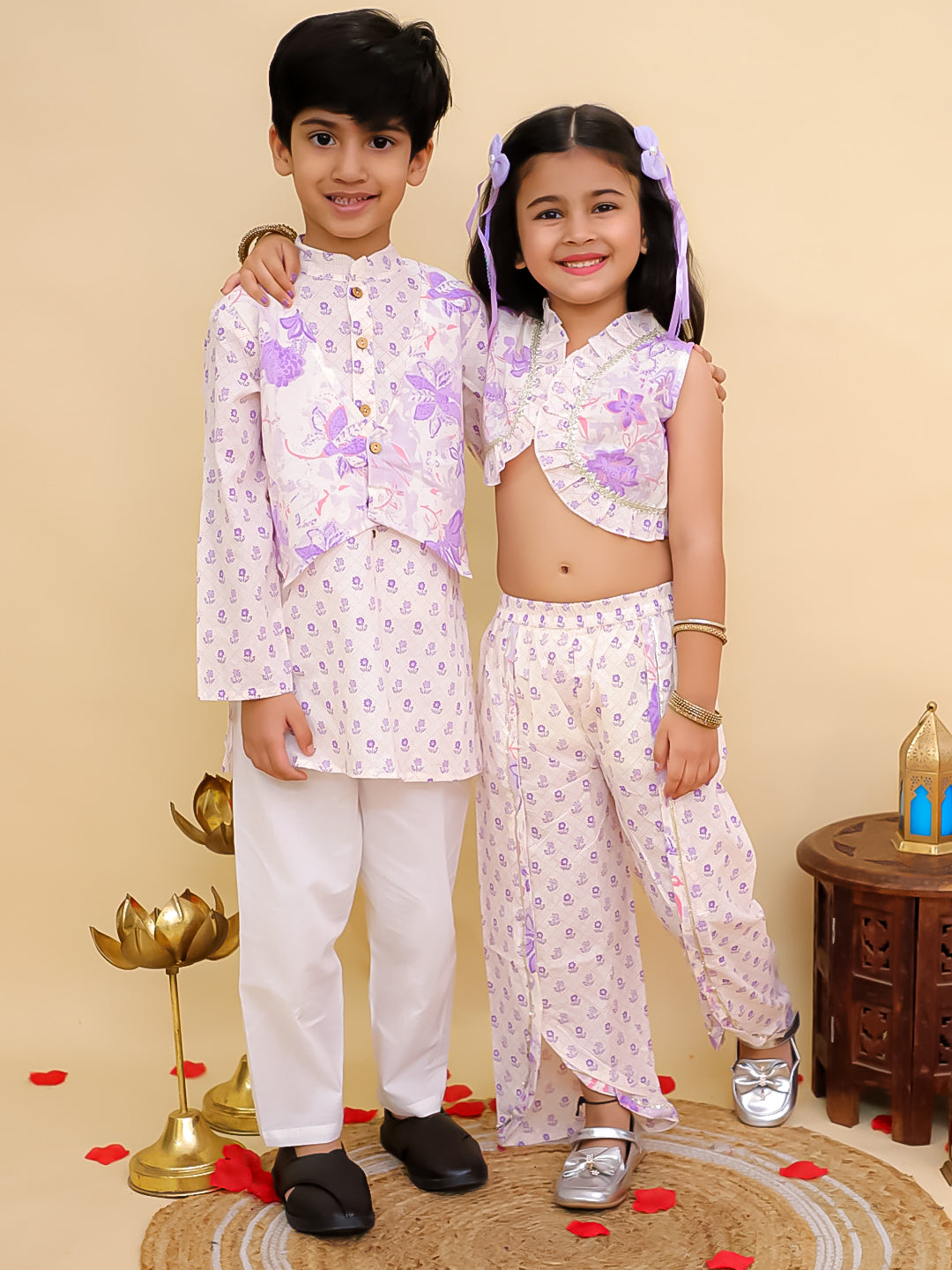 Boys Purple Cotton Full sleeves Floral Print Kurta Pyjama Set and Purple Cotton Sleeveless Floral Printed Girls Sibling Set