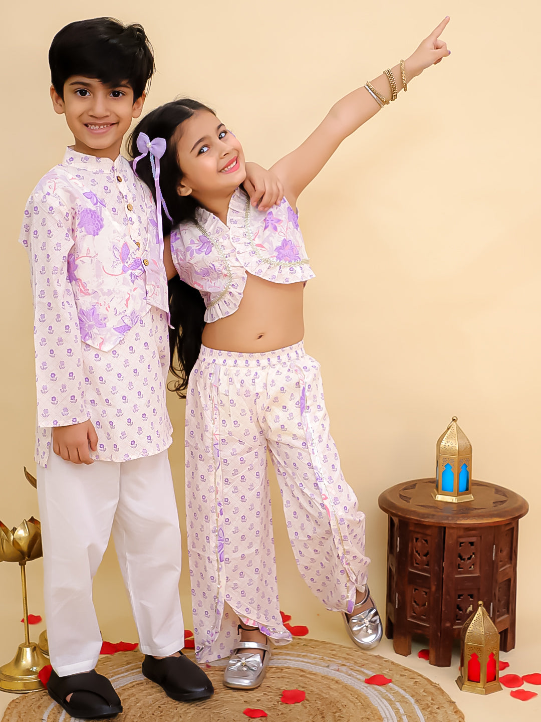 Boys Purple Cotton Full sleeves Floral Print Kurta Pyjama Set and Purple Cotton Sleeveless Floral Printed Girls Sibling Set