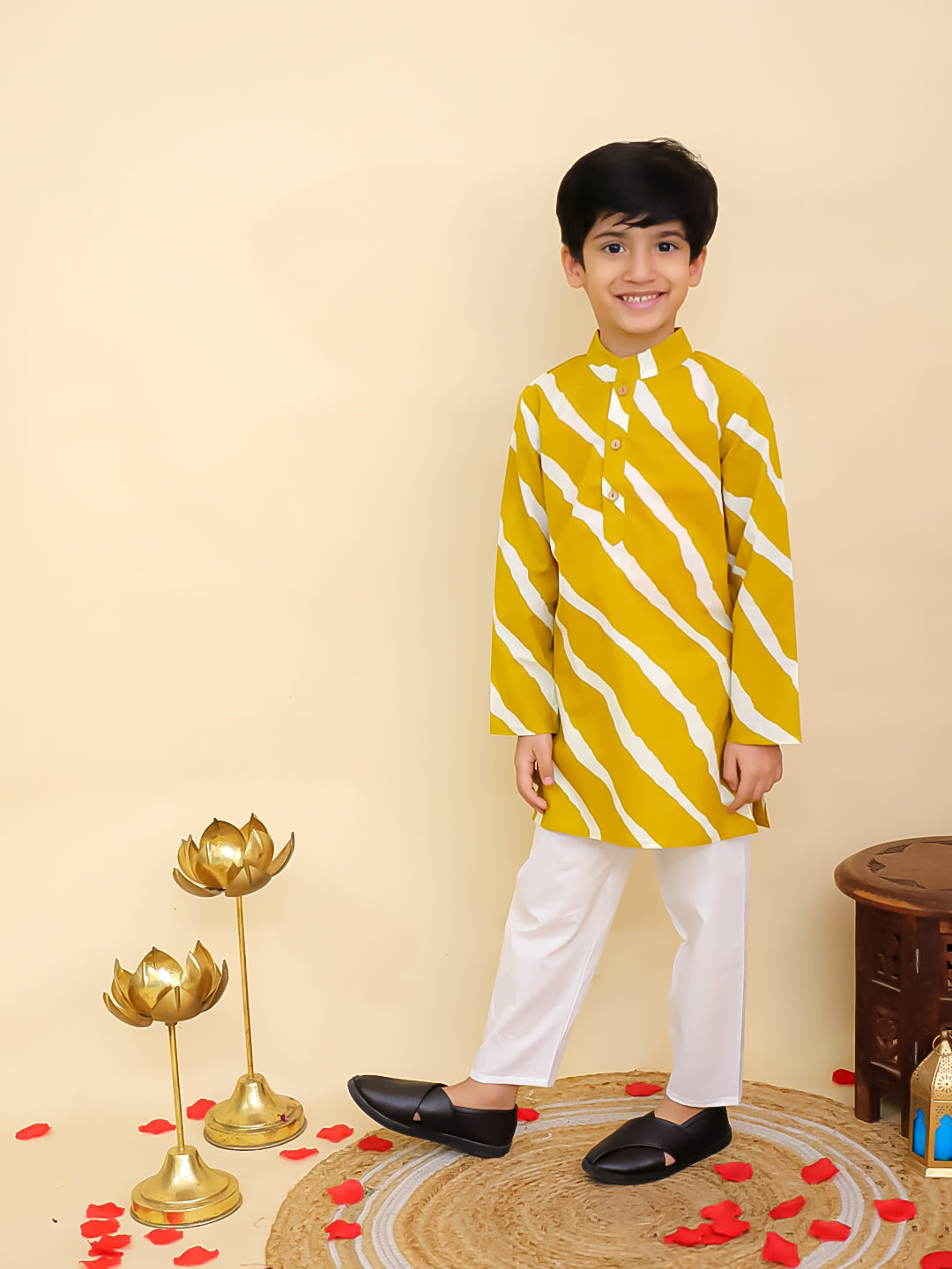 Mustard Cotton Full sleeves Leheriya Print Kurta Pyjama Set - AJ Dezines