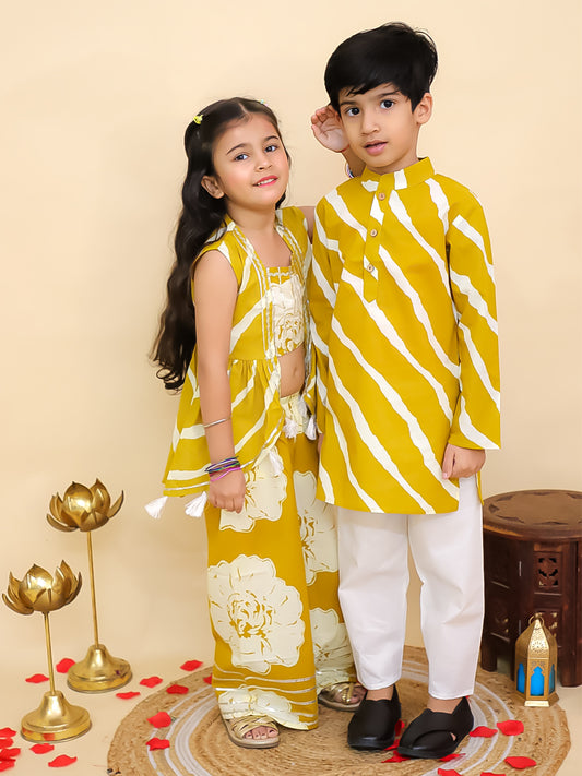 Boys Mustard Cotton Full sleeves Leheriya Print Kurta Pyjama Set and Mustard Cotton Sleeveless Floral Printed Girls Co-Ords with Gotta Work - Sibling Set