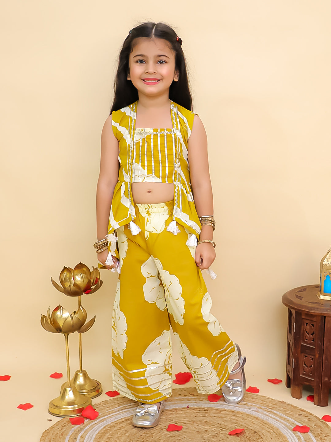 Boys Mustard Cotton Full sleeves Leheriya Print Kurta Pyjama Set and Mustard Cotton Sleeveless Floral Printed Girls Co-Ords with Gotta Work - Sibling Set