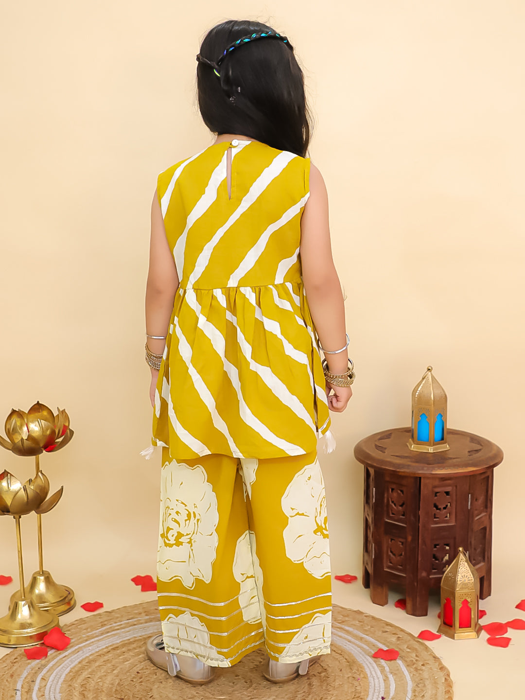 Boys Mustard Cotton Full sleeves Leheriya Print Kurta Pyjama Set and Mustard Cotton Sleeveless Floral Printed Girls Co-Ords with Gotta Work - Sibling Set