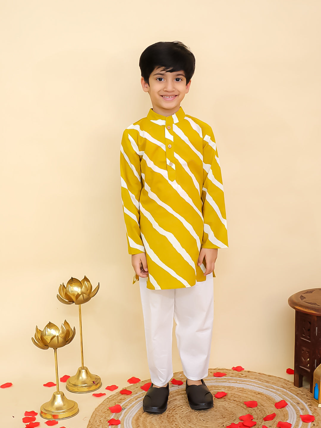 Boys Mustard Cotton Full sleeves Leheriya Print Kurta Pyjama Set and Mustard Cotton Sleeveless Floral Printed Girls Co-Ords with Gotta Work - Sibling Set