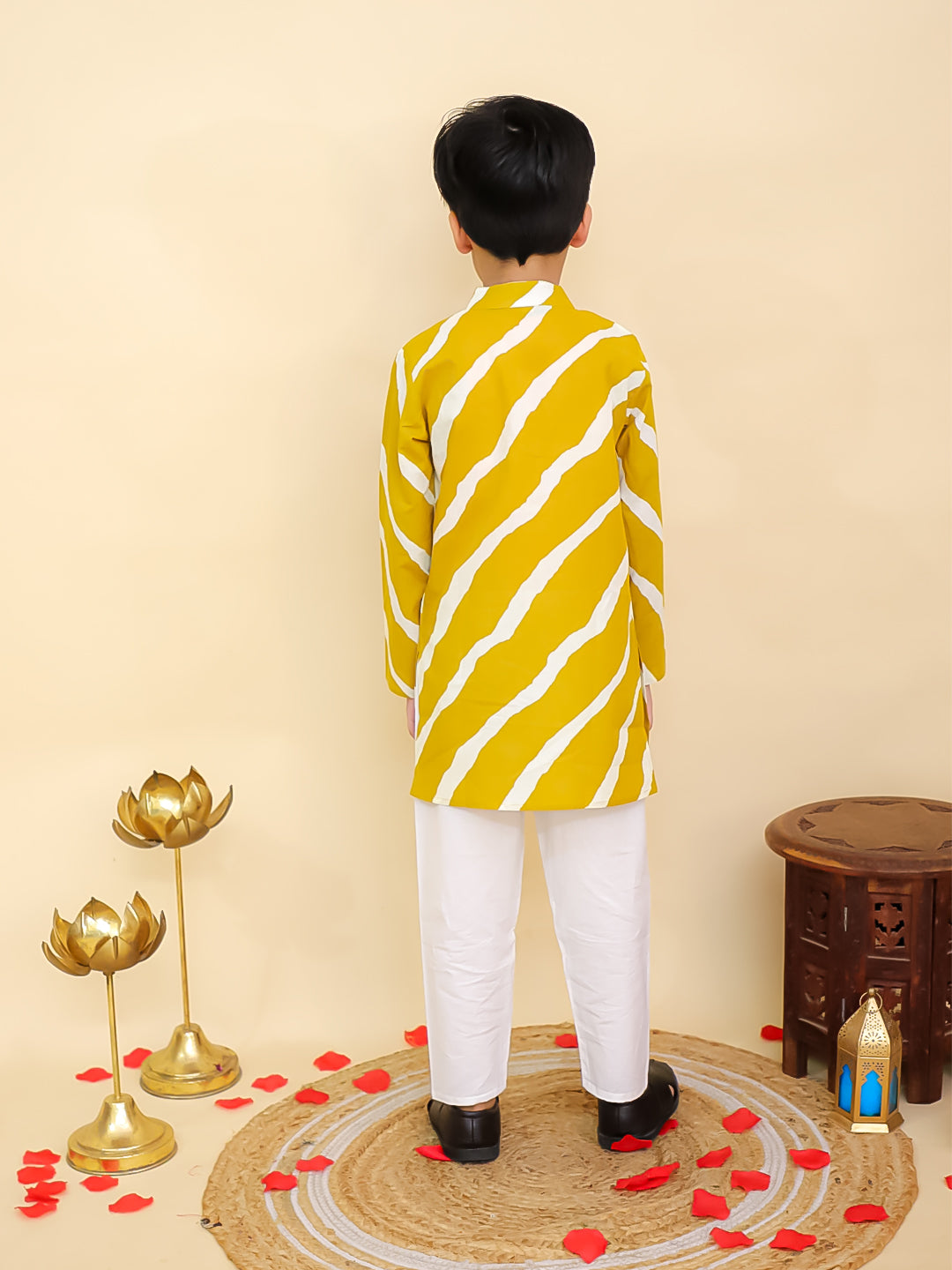 Boys Mustard Cotton Full sleeves Leheriya Print Kurta Pyjama Set and Mustard Cotton Sleeveless Floral Printed Girls Co-Ords with Gotta Work - Sibling Set