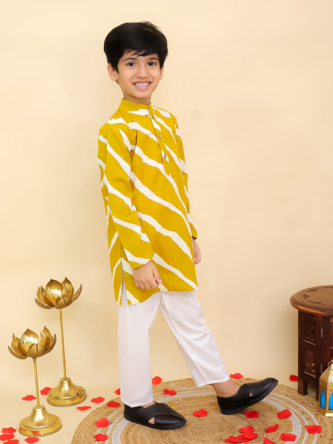 Boys Mustard Cotton Full sleeves Leheriya Print Kurta Pyjama Set and Mustard Cotton Sleeveless Floral Printed Girls Co-Ords with Gotta Work - Sibling Set