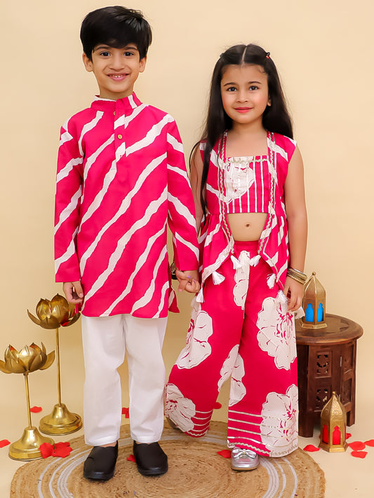 Boys Pink Cotton Full sleeves Leheriya Print Kurta Pyjama Set and Pink Cotton Sleeveless Floral Printed Girls Co-Ords with Gotta Work - Sibling Set
