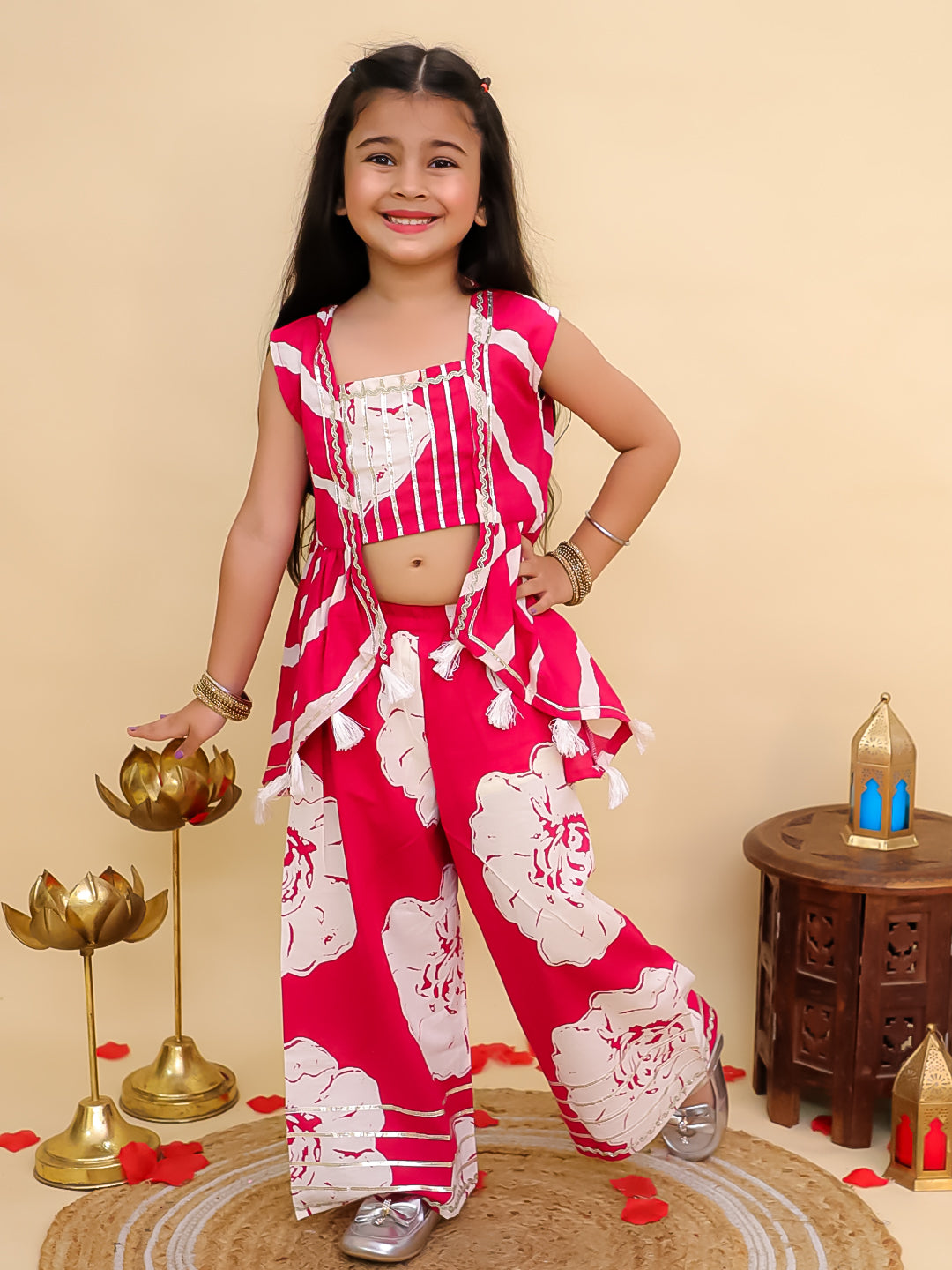 Boys Pink Cotton Full sleeves Leheriya Print Kurta Pyjama Set and Pink Cotton Sleeveless Floral Printed Girls Co-Ords with Gotta Work - Sibling Set
