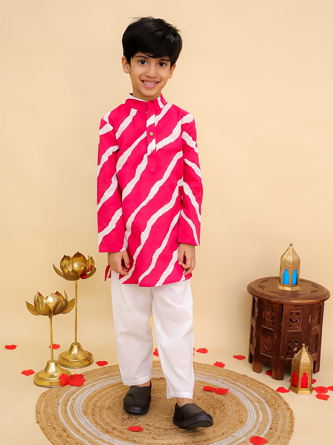Boys Pink Cotton Full sleeves Leheriya Print Kurta Pyjama Set and Pink Cotton Sleeveless Floral Printed Girls Co-Ords with Gotta Work - Sibling Set