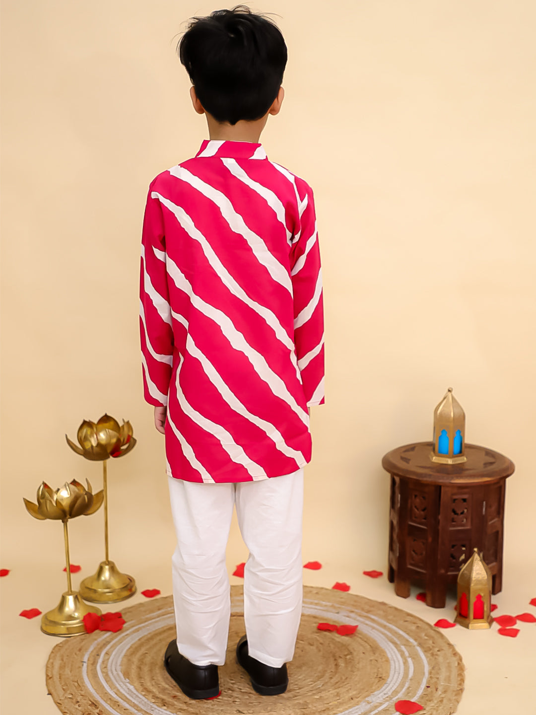 Boys Pink Cotton Full sleeves Leheriya Print Kurta Pyjama Set and Pink Cotton Sleeveless Floral Printed Girls Co-Ords with Gotta Work - Sibling Set