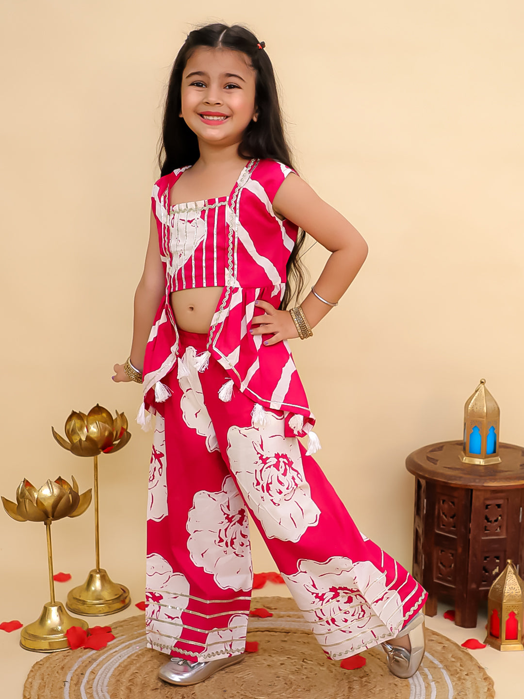Boys Pink Cotton Full sleeves Leheriya Print Kurta Pyjama Set and Pink Cotton Sleeveless Floral Printed Girls Co-Ords with Gotta Work - Sibling Set