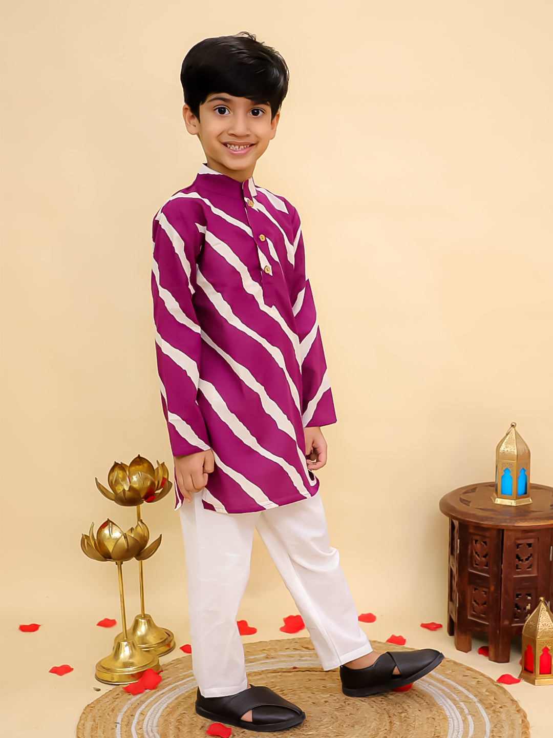 Purple Cotton Full sleeves Leheriya Print Kurta Pyjama Set - AJ Dezines