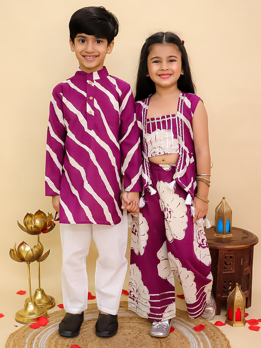 Boys Purple Cotton Full sleeves Leheriya Print Kurta Pyjama Set and Purple Cotton Sleeveless Floral Printed Girls Co-Ords with Gotta Work - Sibling Set