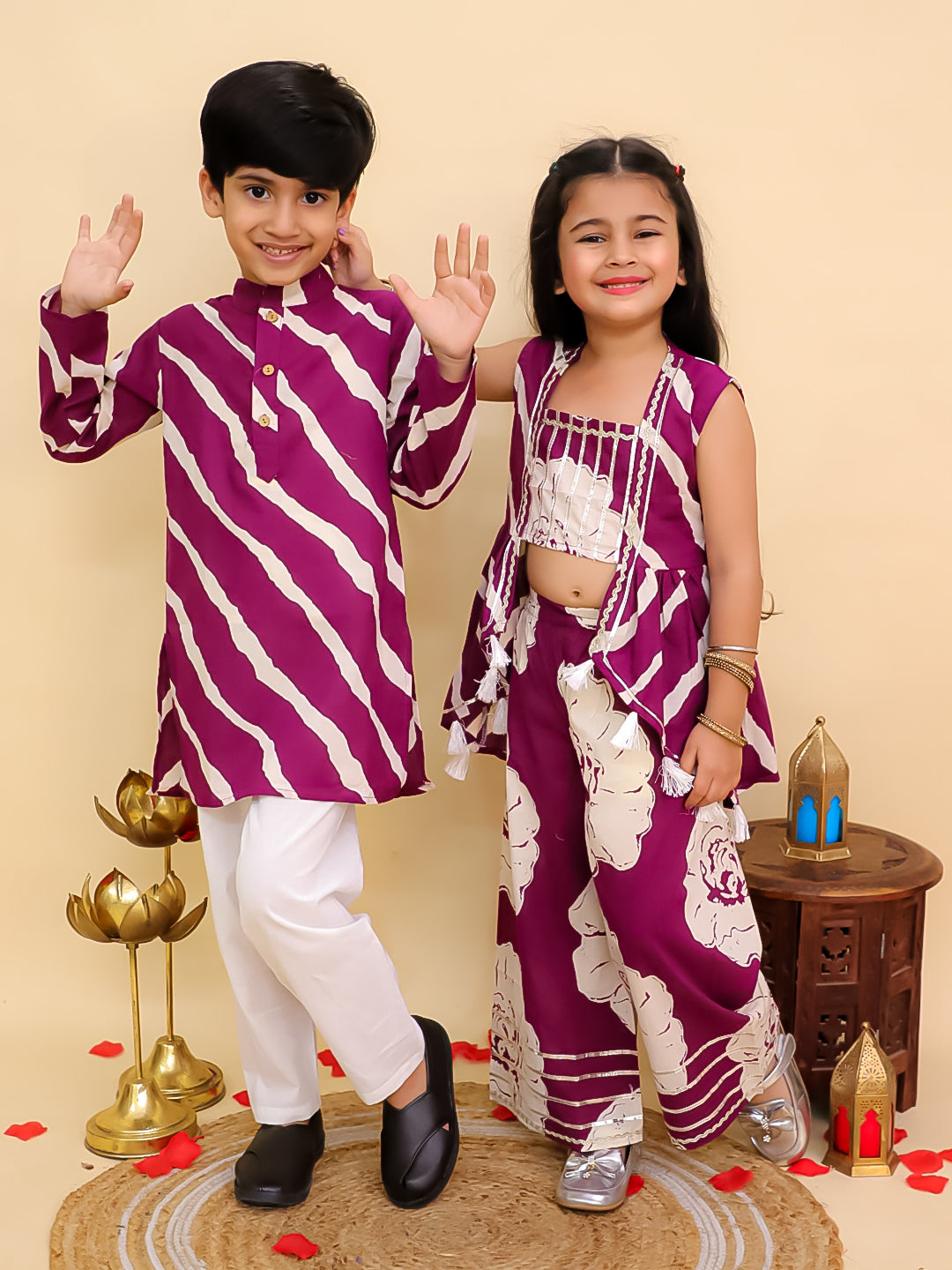 Boys Purple Cotton Full sleeves Leheriya Print Kurta Pyjama Set and Purple Cotton Sleeveless Floral Printed Girls Co-Ords with Gotta Work - Sibling Set
