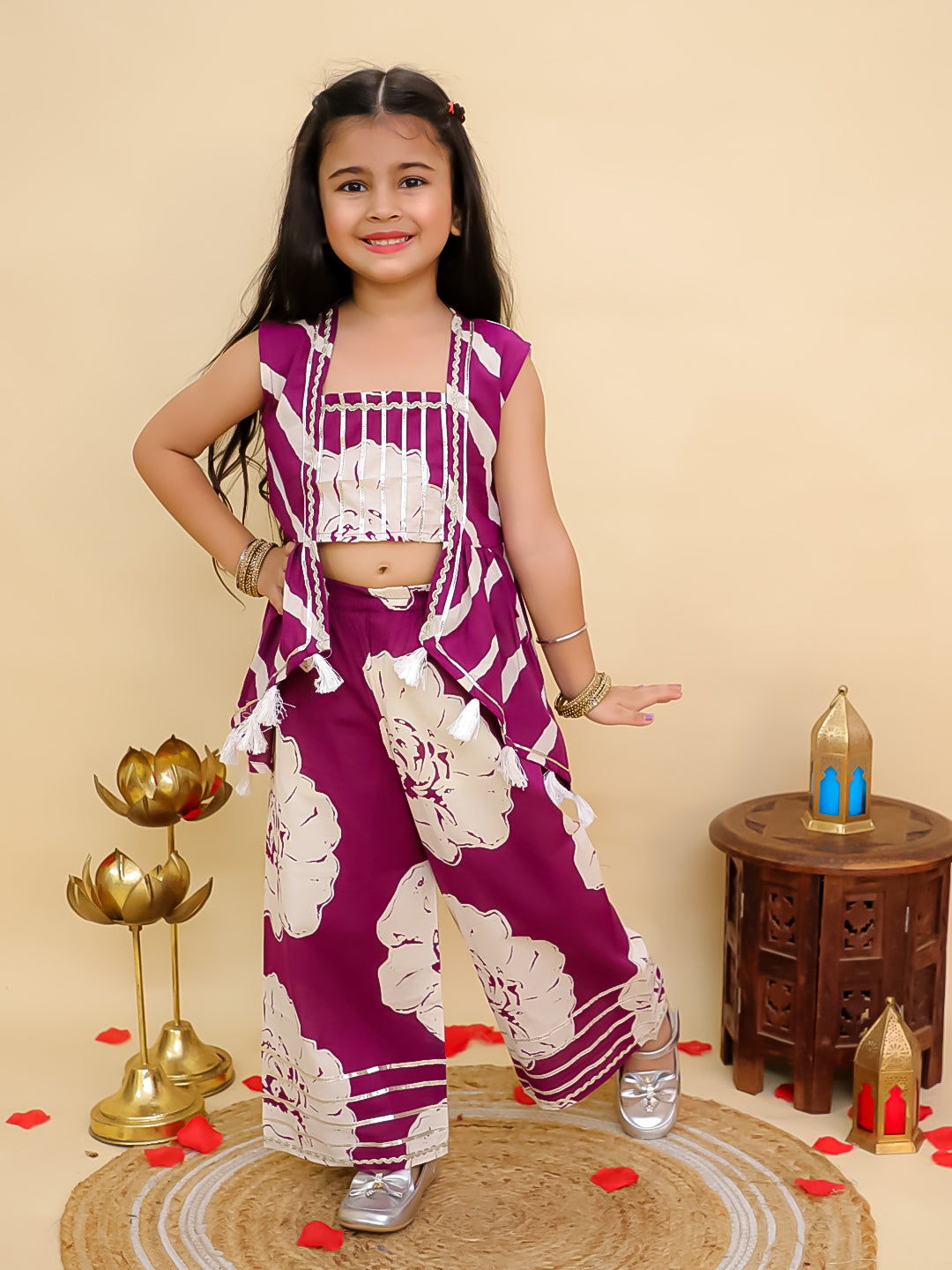 Boys Purple Cotton Full sleeves Leheriya Print Kurta Pyjama Set and Purple Cotton Sleeveless Floral Printed Girls Co-Ords with Gotta Work - Sibling Set