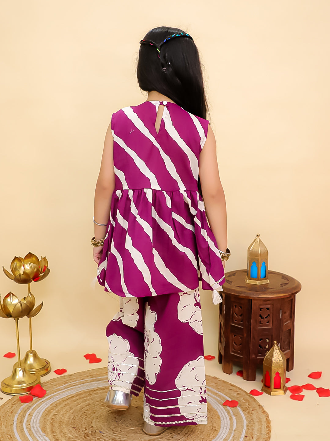 Boys Purple Cotton Full sleeves Leheriya Print Kurta Pyjama Set and Purple Cotton Sleeveless Floral Printed Girls Co-Ords with Gotta Work - Sibling Set