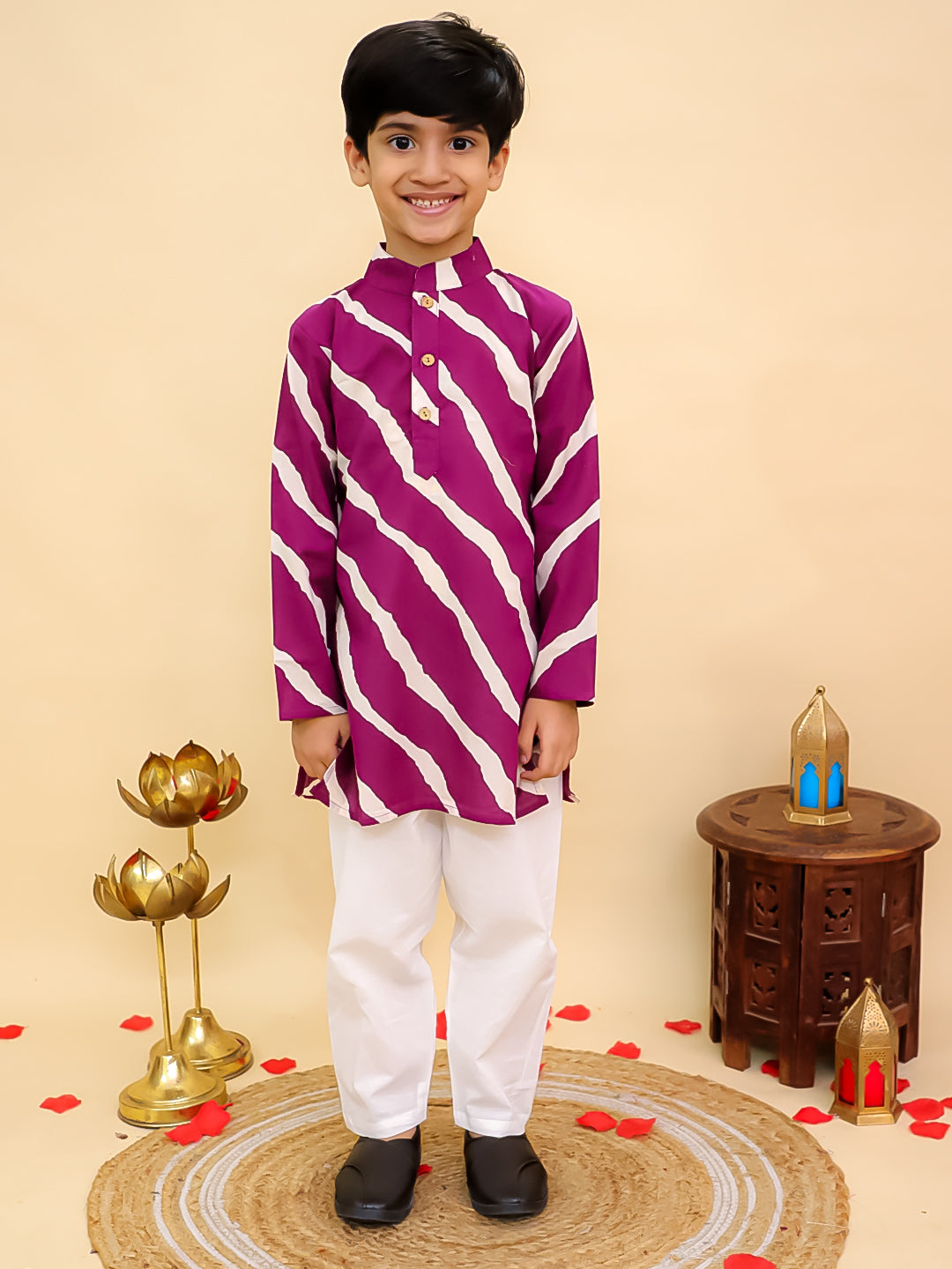 Boys Purple Cotton Full sleeves Leheriya Print Kurta Pyjama Set and Purple Cotton Sleeveless Floral Printed Girls Co-Ords with Gotta Work - Sibling Set - AJ Dezines
