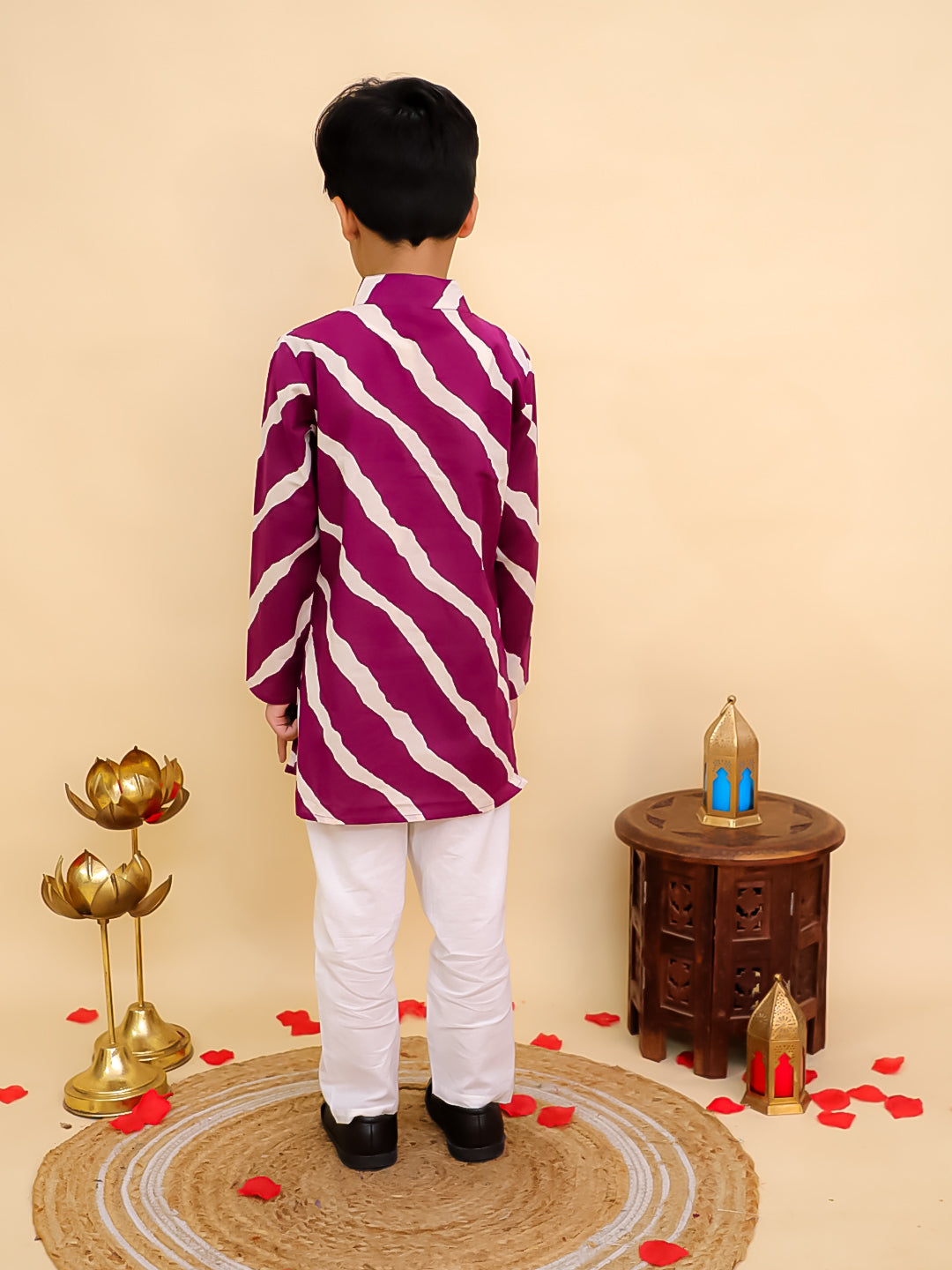 Boys Purple Cotton Full sleeves Leheriya Print Kurta Pyjama Set and Purple Cotton Sleeveless Floral Printed Girls Co-Ords with Gotta Work - Sibling Set - AJ Dezines