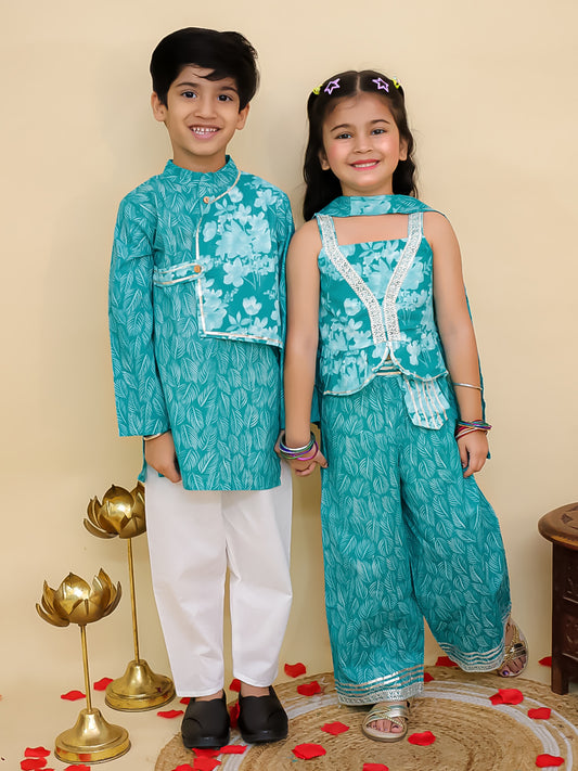 Boys Blue Cotton Full sleeves Floral Print Kurta Pyjama Set and Blue Cotton Sleeveless Floral Printed Girls Co-Ords - Sibling Set