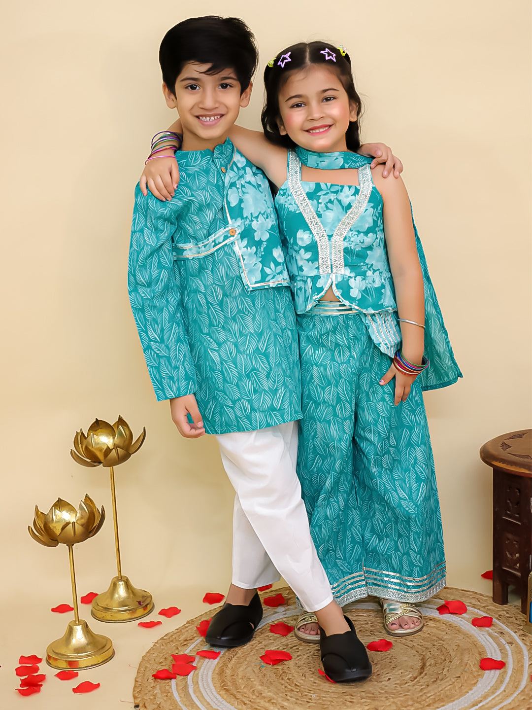 Boys Blue Cotton Full sleeves Floral Print Kurta Pyjama Set and Blue Cotton Sleeveless Floral Printed Girls Co-Ords - Sibling Set