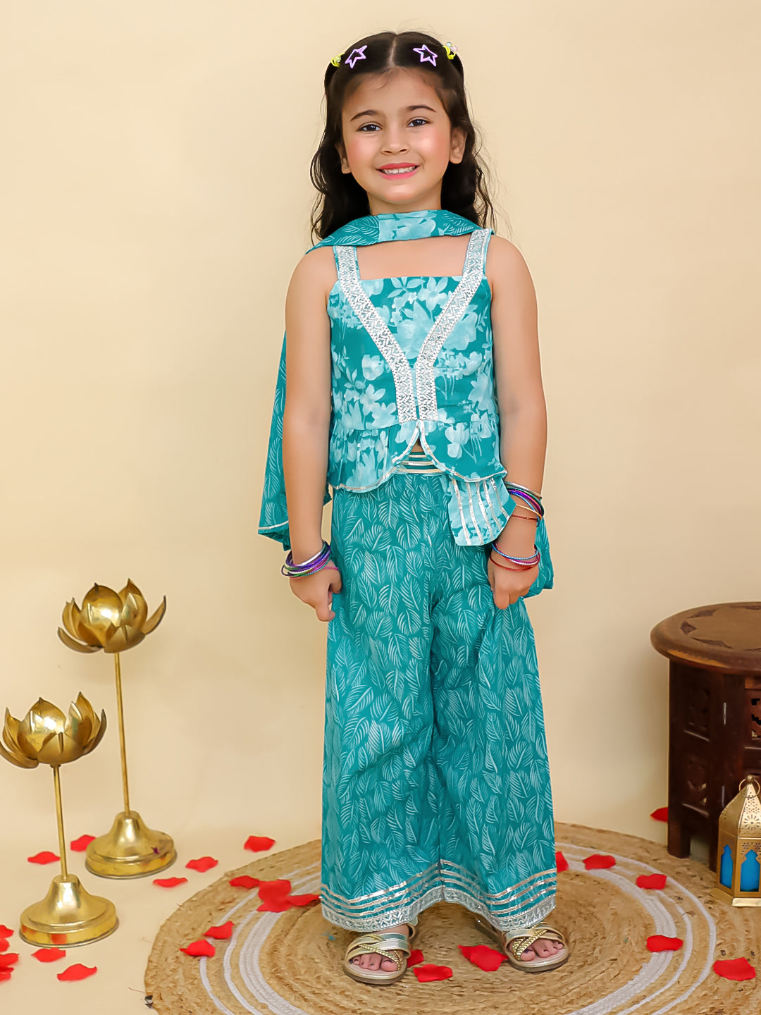 Boys Blue Cotton Full sleeves Floral Print Kurta Pyjama Set and Blue Cotton Sleeveless Floral Printed Girls Co-Ords - Sibling Set