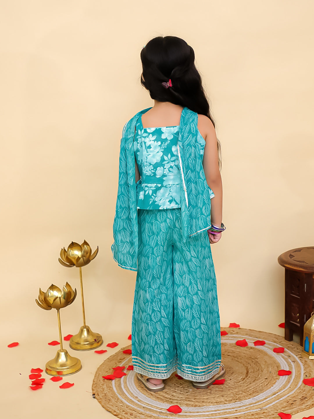 Boys Blue Cotton Full sleeves Floral Print Kurta Pyjama Set and Blue Cotton Sleeveless Floral Printed Girls Co-Ords - Sibling Set
