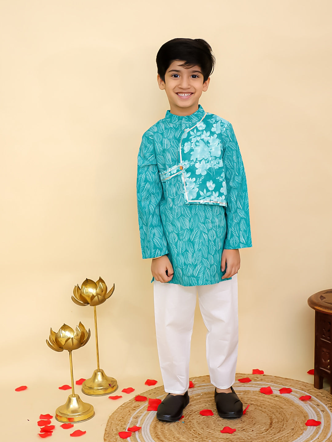 Boys Blue Cotton Full sleeves Floral Print Kurta Pyjama Set and Blue Cotton Sleeveless Floral Printed Girls Co-Ords - Sibling Set