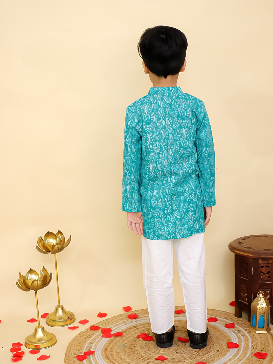 Boys Blue Cotton Full sleeves Floral Print Kurta Pyjama Set and Blue Cotton Sleeveless Floral Printed Girls Co-Ords - Sibling Set