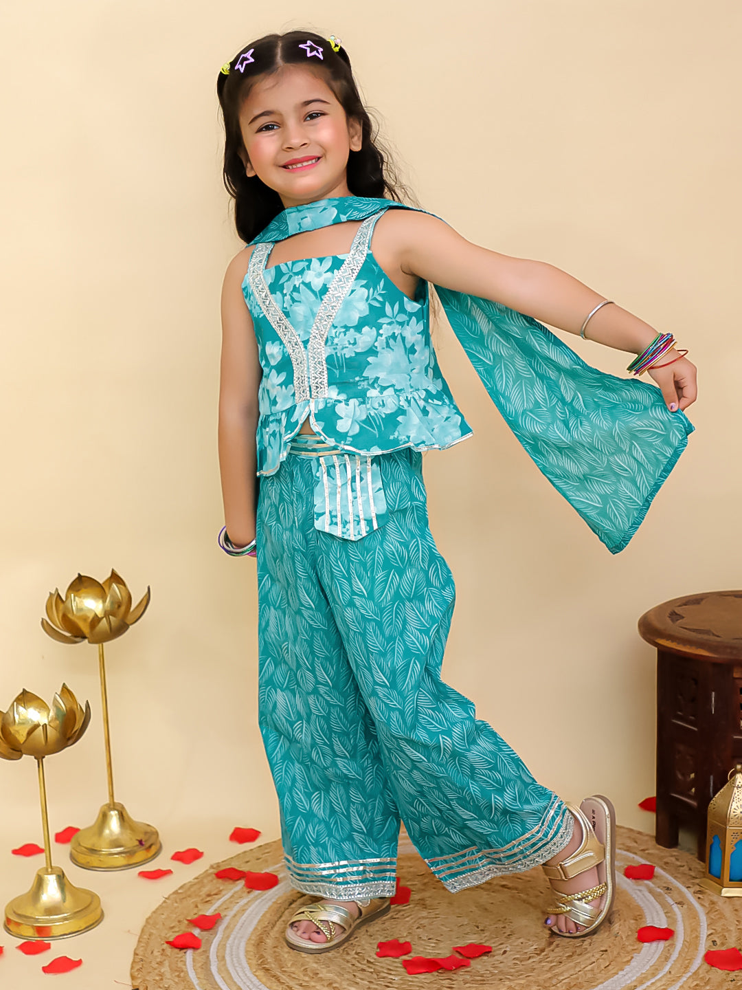 Boys Blue Cotton Full sleeves Floral Print Kurta Pyjama Set and Blue Cotton Sleeveless Floral Printed Girls Co-Ords - Sibling Set
