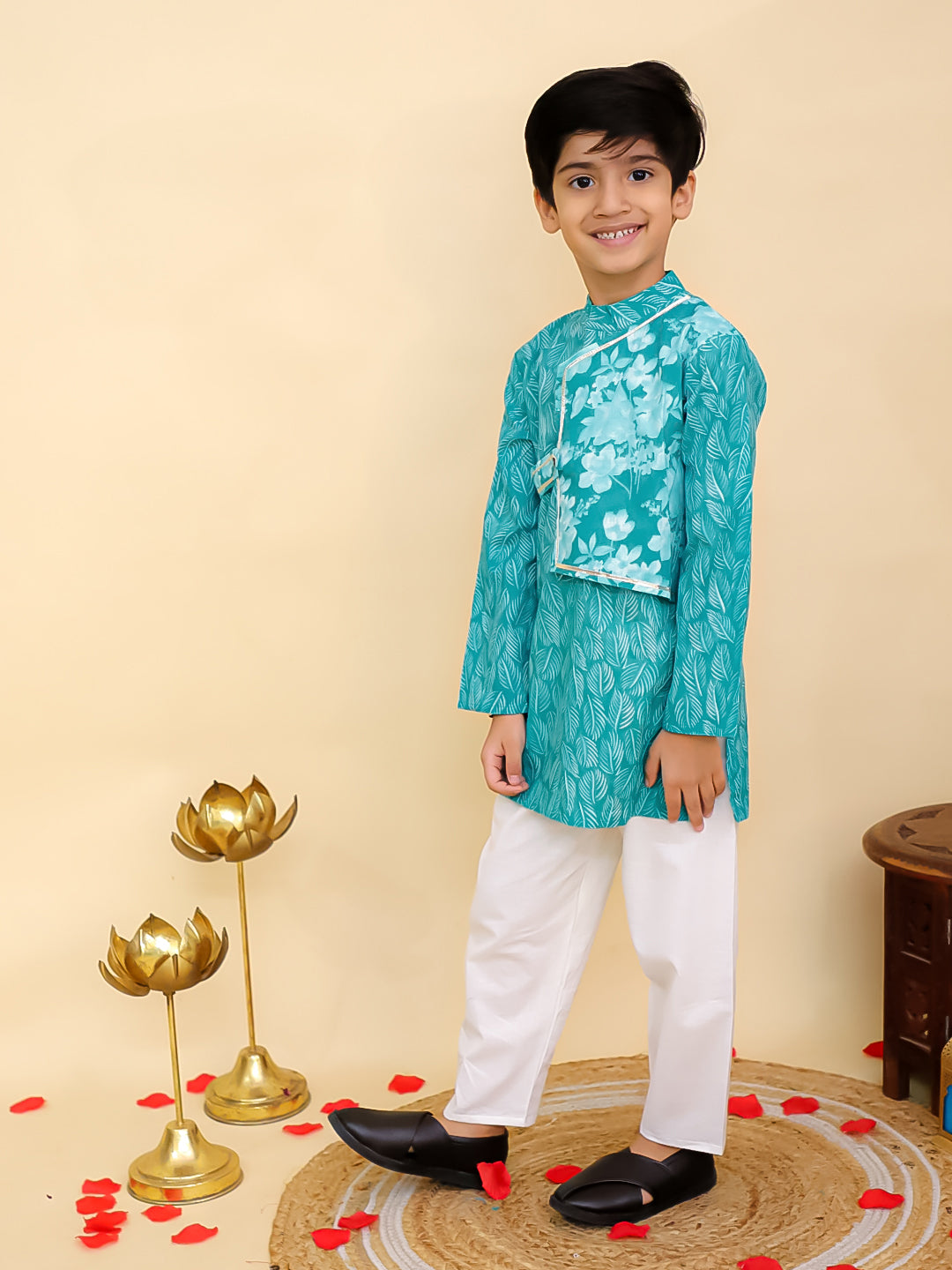 Boys Blue Cotton Full sleeves Floral Print Kurta Pyjama Set and Blue Cotton Sleeveless Floral Printed Girls Co-Ords - Sibling Set