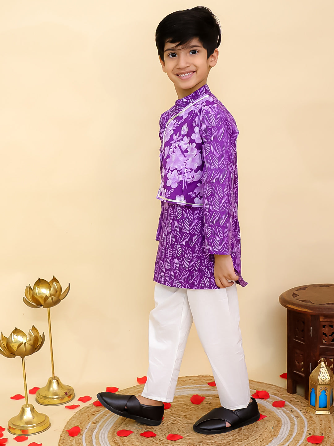 Purple Cotton Full sleeves Floral Print Kurta Pyjama Set