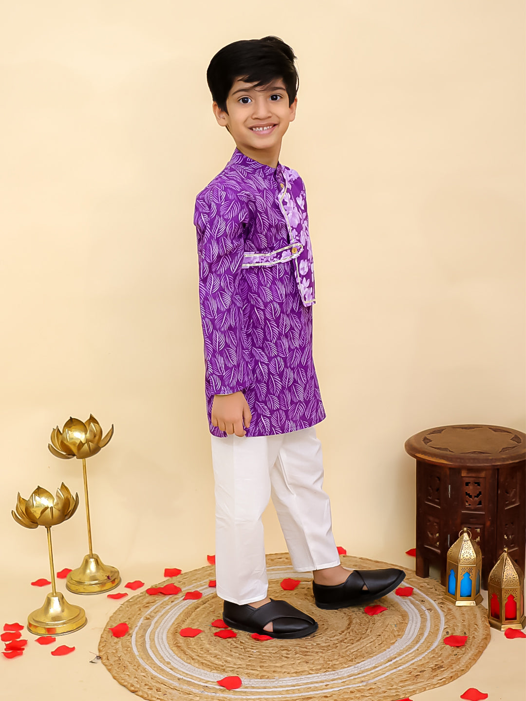 Purple Cotton Full sleeves Floral Print Kurta Pyjama Set