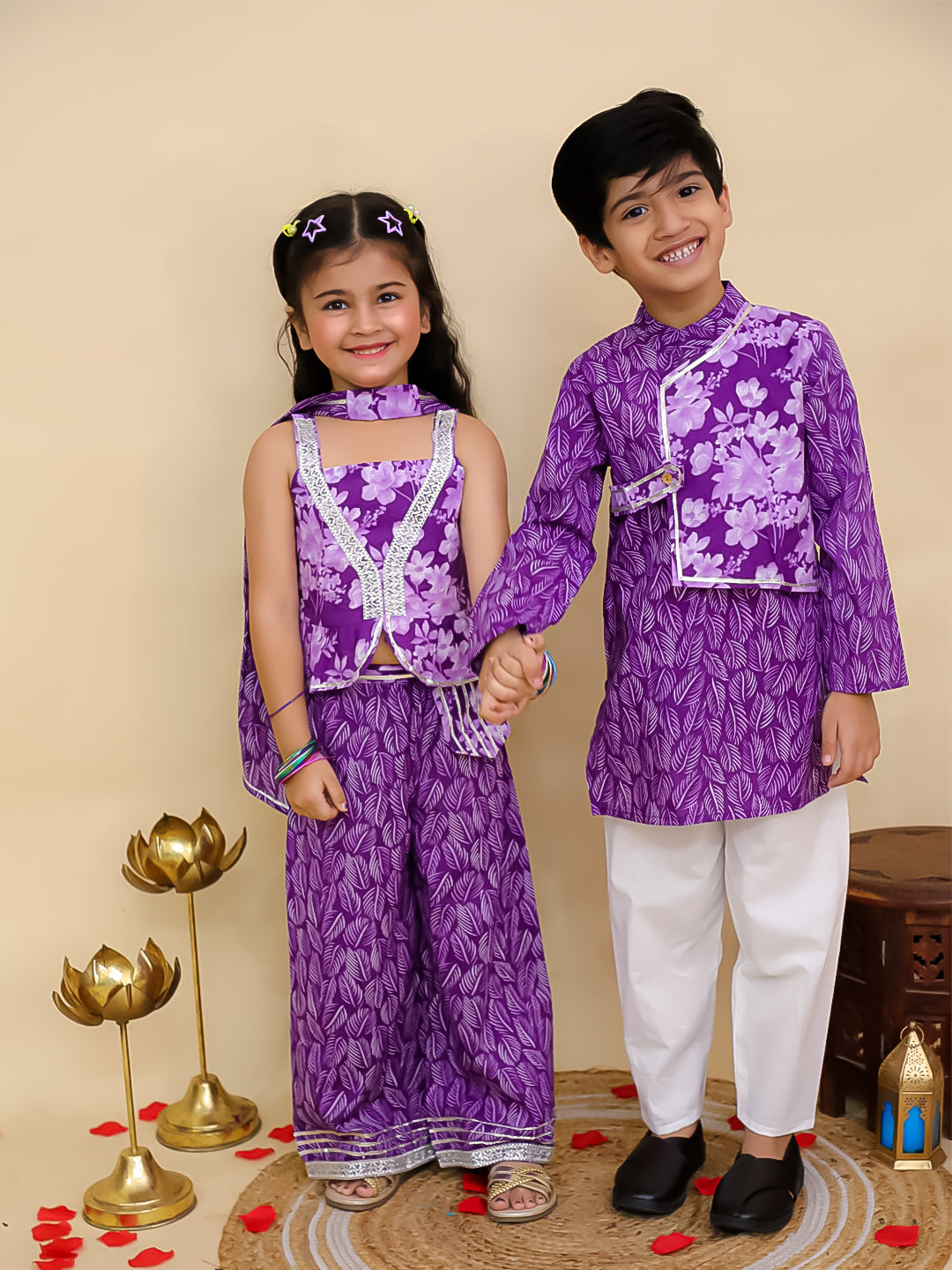 Boys Purple Cotton Full sleeves Floral Print Kurta Pyjama Set and Purple Cotton Sleeveless Floral Printed Girls Co-Ords - Sibling Set