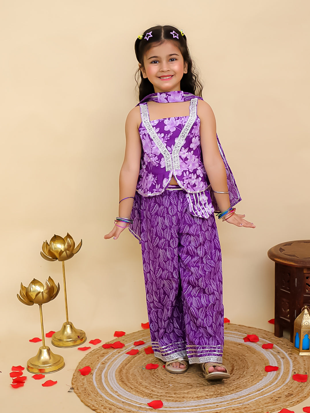 Purple Cotton Sleeveless Floral Printed Girls Co-Ords