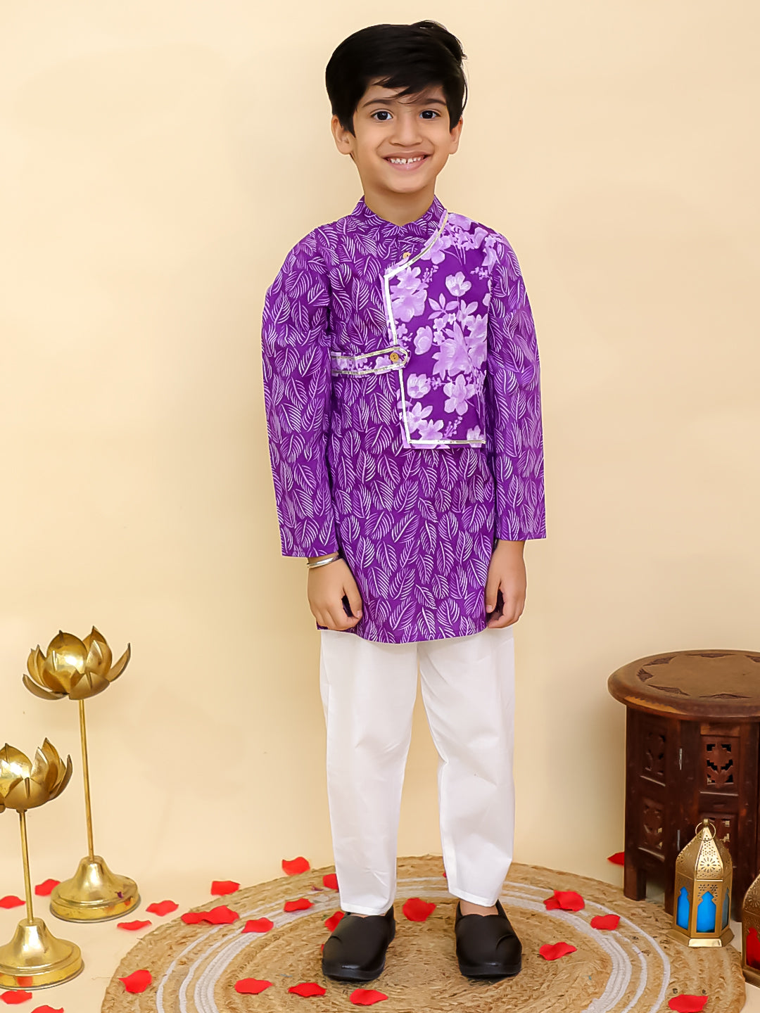 Boys Purple Cotton Full sleeves Floral Print Kurta Pyjama Set and Purple Cotton Sleeveless Floral Printed Girls Co-Ords - Sibling Set