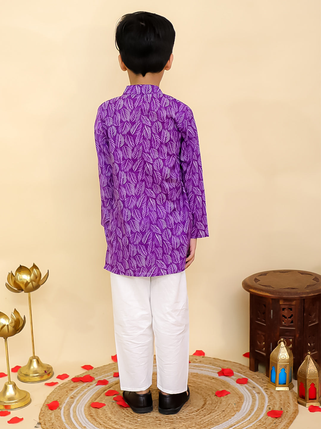 Boys Purple Cotton Full sleeves Floral Print Kurta Pyjama Set and Purple Cotton Sleeveless Floral Printed Girls Co-Ords - Sibling Set