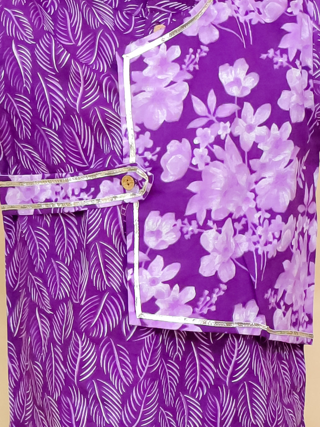 Boys Purple Cotton Full sleeves Floral Print Kurta Pyjama Set and Purple Cotton Sleeveless Floral Printed Girls Co-Ords - Sibling Set - AJ Dezines