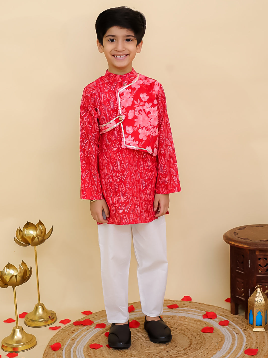 Red Cotton Full sleeves Floral Print Kurta Pyjama Set