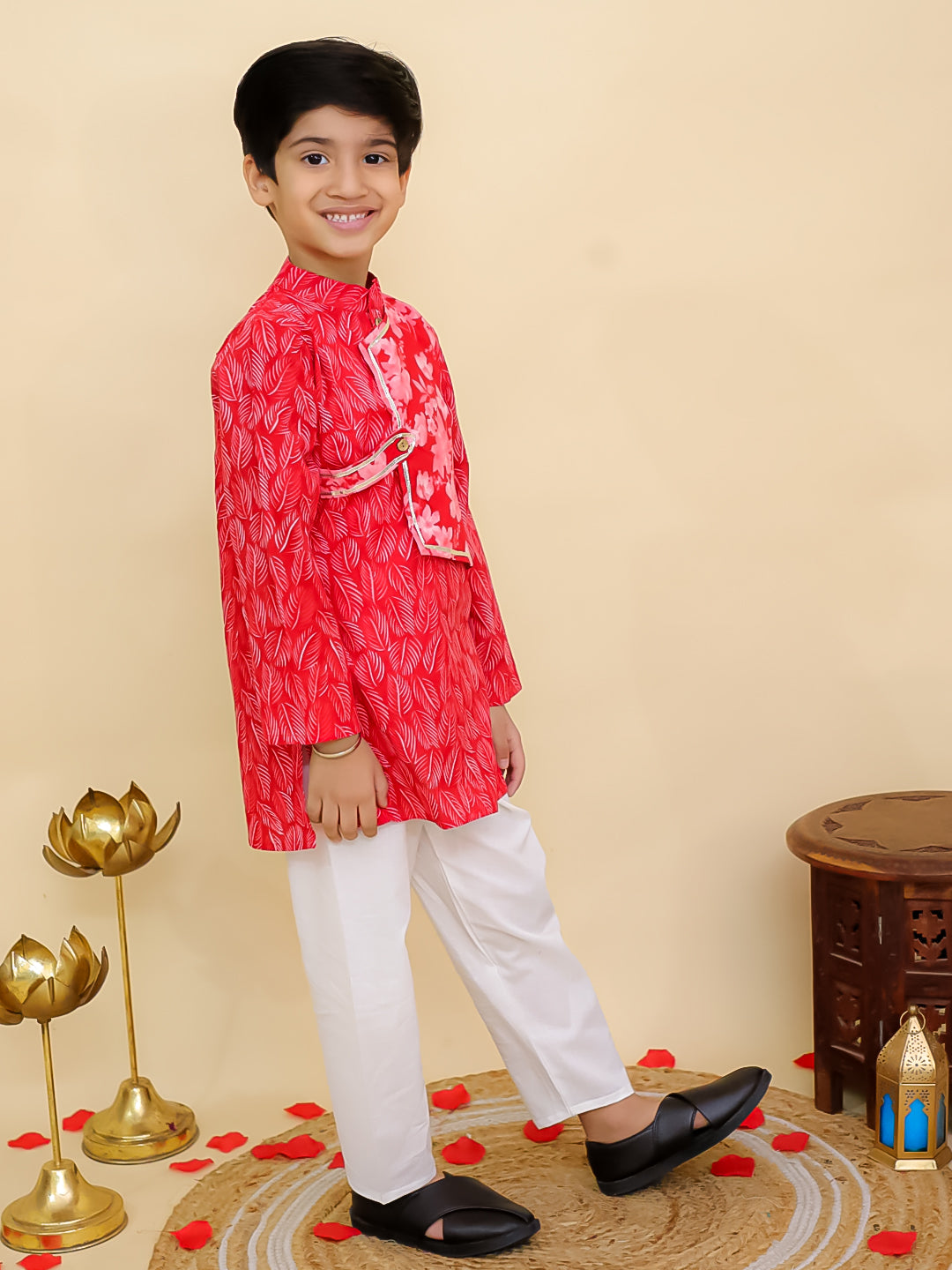 AJ Dezines Red Cotton Full sleeves Floral Print Kurta Pyjama Set