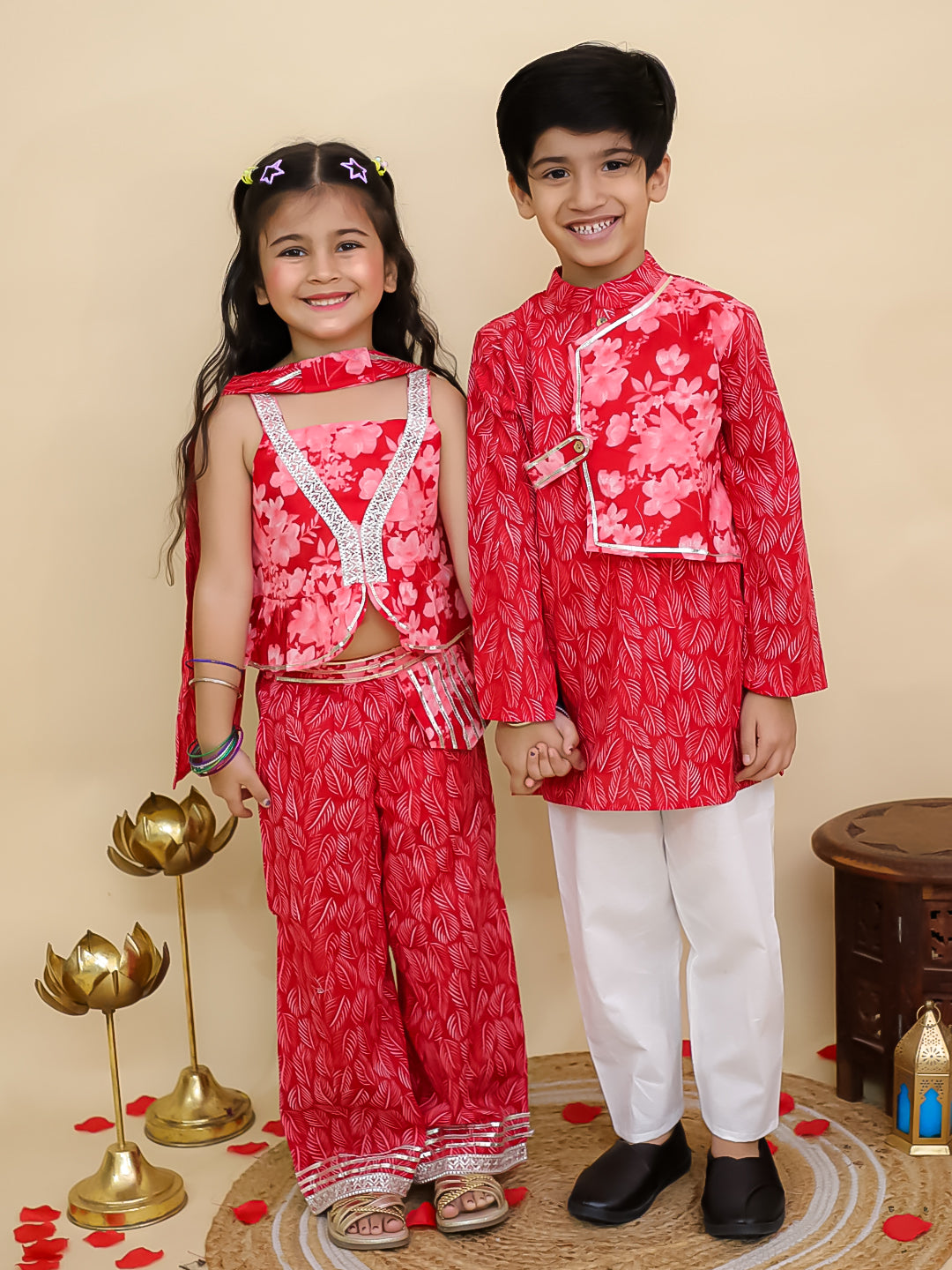 Boys Red Cotton Full sleeves Floral Print Kurta Pyjama Set and Red Cotton Sleeveless Floral Printed Girls Co-Ords - Sibling Set